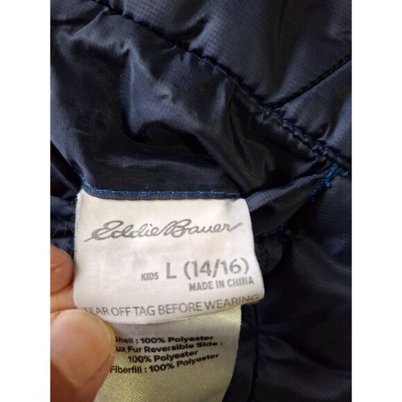 Eddie Bauer Youth Hooded Jacket L 14/16 Blue Ombre Reversible Sherpa Puffer - Picture 5 of 9